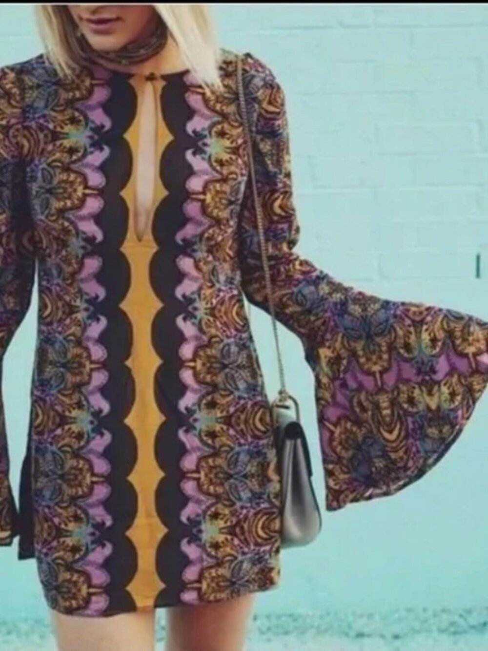 Free People Ossie Vibes Dress Boho Retro 60s Bell Sleeve Mini Tunic Sheath 0 S